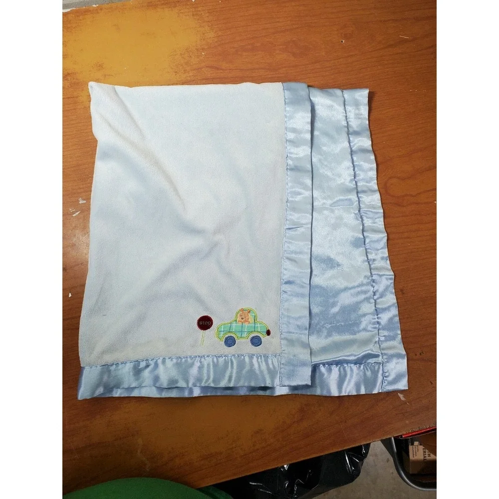 Carters Car Stop Sign Blue Baby Blanket Satin Trim‎ Back